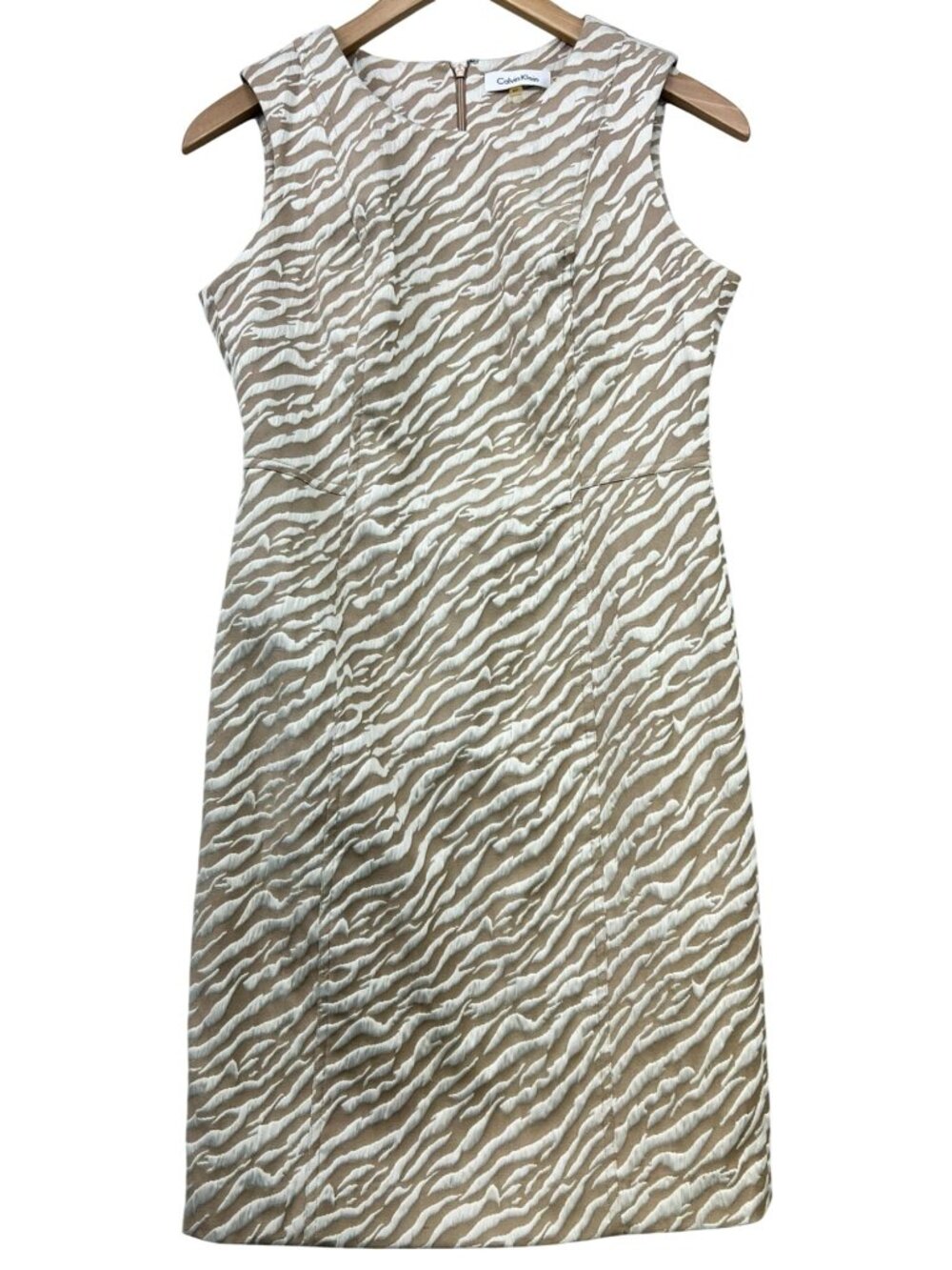 Calvin Klein Womens Lined Sheath Dress Sleeveless Size 8P Tan Cream Animal Print